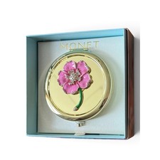 MONET Pink Flower Compact Mirror Gold Tone Rhinestone Enamel Figural New In Box picture