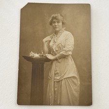 Antique Sepia Studio Photograph Beautiful Young Woman Lovely Dress Flower picture