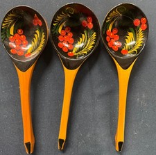 Unique Vintage Set Of 3 KHOKHLOMA Russian Folk Art Wooden Spoons Handpainted picture