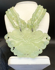 Vtg Chinese Jade Multi Strand Beaded Moth Pendant Necklace. Chinese Jewelry. picture