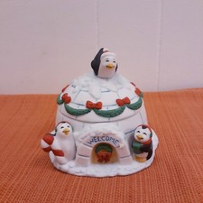 Vtg Penguins Christmas Decorated Igloo Trinket WELCOME 1995 FIGI'S Candy Dish picture