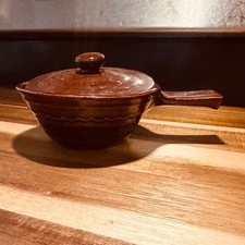 Brown ceramic covered handled bowl picture