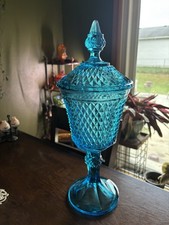 Huge 16” Indiana Glass Blue Diamond Point Apothecary Jar Canister picture