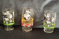 3 Vintage Peanuts Snoopy Drinking Glasses Jumping Rope & Sub Sandwich Spaghetti picture