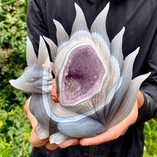 2LB  Natural Amethyst Geode Hand Carved Nine-tailed Fox Quartz Crystal Decor picture