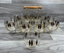 FEDERAL GLASS HARLEQUIN ROLY POLY GLASSES CADDY SET MCM ATOMIC BARWARE BLK GOLD picture
