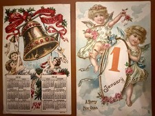 2 Antique New Year Postcards 1912 Calendar Ad Card Cherubs Angels Embossed picture