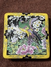 Vintage Hand Decorated Japan Trinket Box Floral And Bird Lidded Yellow picture