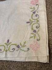 Vintage Hand Embroidered Tablecloth or Picnic Blanket Floral Cross Stitch 56X83” picture