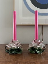 PAIR 1973 Vintage Capodimonte Porcelain Pink Rose Flower Candle Holder, Italy picture