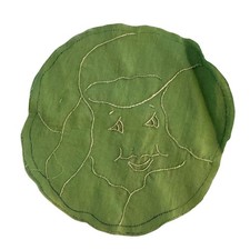 Vintage Embroidered Green Fabric Coaster Round Quilt Block Girl Face 5.5