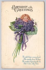1924 Birthday Greetings Postcard Violets Child Face Embossed St. Clair MI to picture