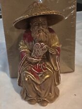 RARE Old Oriental Village Man sitting  with Farmers Conical Hat HUMBLE & WISE picture