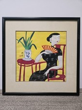 HU YONGKAI Style Watercolor Gouache Art Piece Modernist Woman With A Fan  picture