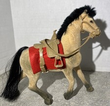 Vintage Flocked Lt. Brown Horse Toy With Saddle & Bridle 7