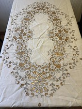 Gorgeous, Vintage Beige MADEIRA Linen Tablecloth Embroidery Cutwork 68x80 Oval picture