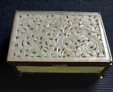 Antique Chinese Carved Jade Brass Trinket Box - Full Stone Lined, Ornate Feet picture
