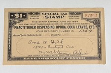 1934 US Internal Rev Special Tax Stamp Practitioner Dispensing Opium VF-XF picture