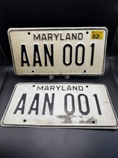 Pair Vintage Maryland License Plates 1982 Sticker AAN 001 Set picture