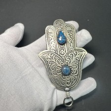 MOROCCAN STYLE HAMSA WALL HANGING HAND PENDANT ENGRAVED METAL & BLUE STONES picture