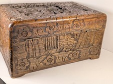 Vintage Chinese Hand-Carved Camphor Wood Chest Village Scene Box 15
