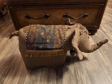 VTG Elephant Ottoman- Door Stop Unique Bohemian Style Jacquard Fabric & Beads picture