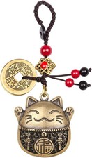 Brass Maneki Neko Lucky Cat Keychain with Feng Shui Coins, Maneki Neko Statue Go picture