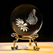 3D Laser Engraved Butterfly Crystal Ball Paperweight With StandButterfly on... picture