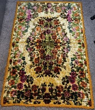70s Italian Crushed Velvet Tapestry Rug Floral Gold Fringe MCM Boho picture