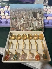 Vintage Gold Tone Souvenir Spoon Set w/ Stone Handles Brazil São Paulo 6pc Boxed picture
