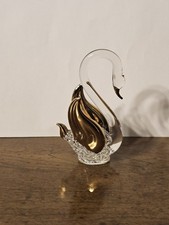 Handblown Spun Glass Crystal SWAN  22k GOLD Wings & Beak Vintage 2.5