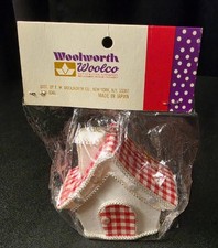 Vtg Woolworth Woolco Christmas Ornament Flocked House Red Gingham Plaid NOS picture
