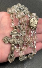 VTG Catholic Rosary Clear Faceted Glass Beads Aqua Da Fatima Silver Tone 28” picture