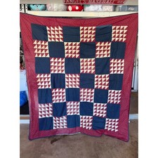 Antique Handmade Patchwork Quilt Red White Blue Americana Triangle Pattern 84x78 picture