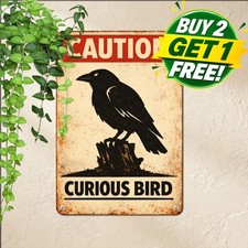 Curious Black Raven Warning Sign Vintage Dark Crow Garden Metal Tin Wall Art picture