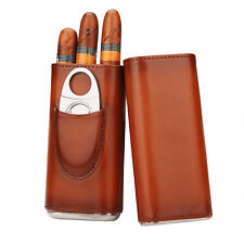 3 -Sticks Brown Leather Cigar Case, Cedar Wood Lined, Cigar Cutter picture