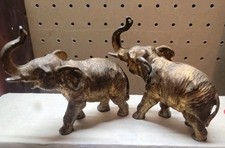 VINTAGE PAIR CAST METAL ELEPHANT FIGURINES TRUNK UP REALISTIC DETAIL picture
