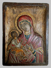 16th Cretan Mother of God icon Antique wood carved Greek Dated Museum Grade picture
