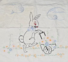 Vintage Fabric Crib Sheet 1950s Rabbit Strolls With Flower Cart 48.5 X 32.5 Inch picture