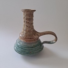 Artist Signed Studio Pottery Chamberstick Candle Holder Green / Beige picture
