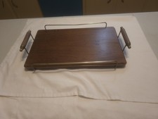 VINTAGE MCM DARK WOOD &BRASS TRAY WITH GALLERY RAILS & HANDLES, HANDMADE ITALY picture