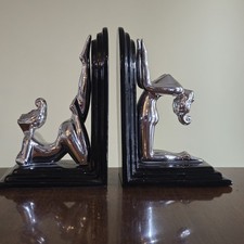 Vtg Art Deco Style Black Bookends Silver Nude Women Dancers Modern Sleek Style picture