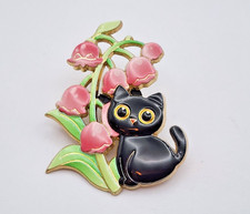 Cute Black Cat With Flowers Enamel Pin picture