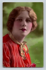 Vibrantly Hand Painted Woman in Orange Signed Leo RPPC 1926 Amsterdam Postmark picture