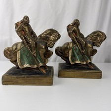 Rare Marion Antique Knight Horseback Bronze Clad Bookend Jousting Art Statue picture