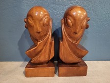 VTG MCM Teak Statue Bookends Hand Carved Large Head Figure Modern Art Wooden picture