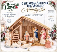 Vintage (11) Piece Nativity Set W/ Hay Covered Wooden Stable & Porcelain Figures picture