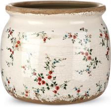 Vintage Planter Large Ceramic Plants Pot Beige Red Floral Pot picture
