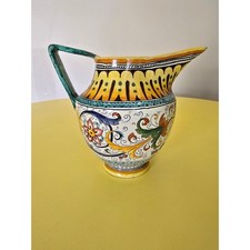 Large Hand Painted Majolica Ceramic Pitcher Floral Scrollwork Pottery Vase picture