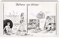 Vintage Comic Postcard Before and After Marriage Beach vs Home Humor Gene Sexist picture